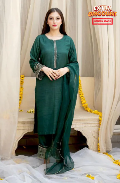 A woman wearing a green Pakistani suit, showcasing traditional attire with intricate designs and elegant style.