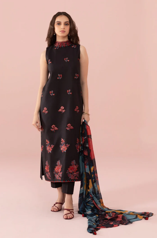 Black embroidered kurta suit featuring an elegant floral print, showcasing intricate designs and a sophisticated style.