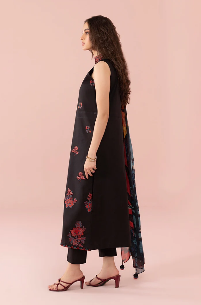 Black embroidered kurta featuring a delicate floral print, showcasing intricate designs and elegant craftsmanship.