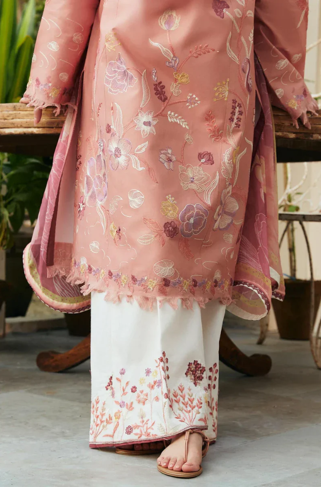 A woman dressed in a pink and white embroidered suit, showcasing intricate designs and a vibrant color palette.
