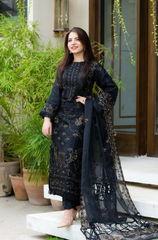 A black embroidered suit paired with a matching embroidered dupatta, showcasing intricate designs and elegant craftsmanship.
