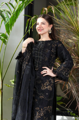  Elegant black embroidered suit complemented by a beautifully embroidered dupatta, highlighting exquisite detailing and style.
