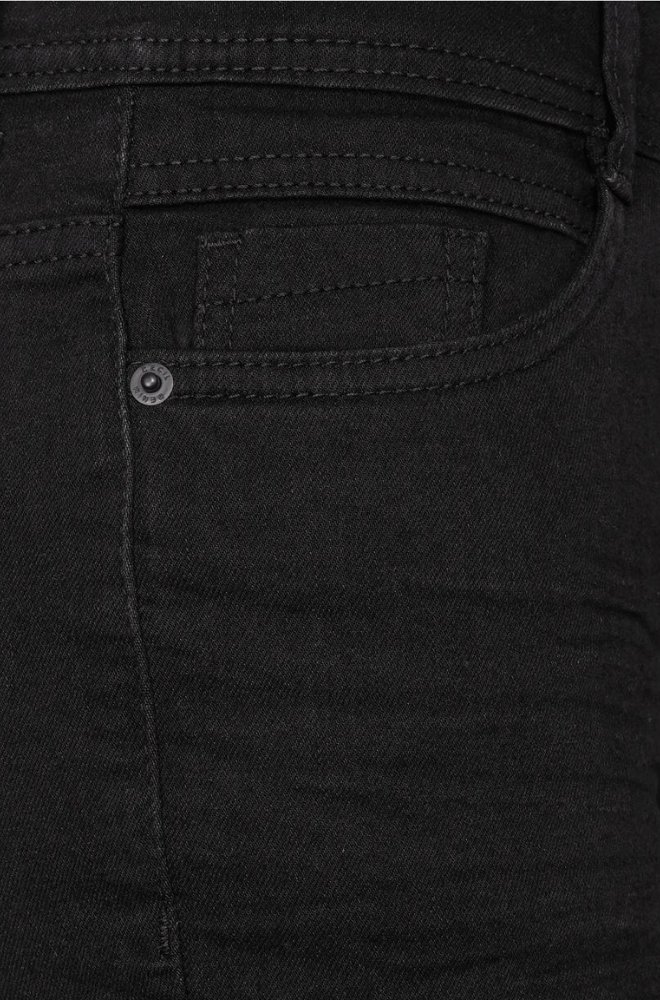 A close-up view of the back pocket of black jeans, showcasing the fabric texture and stitching details.