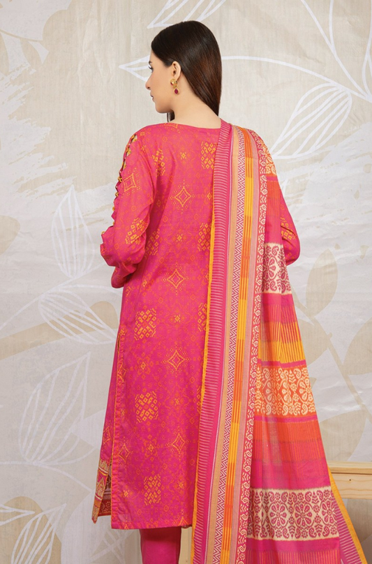  A pink and orange printed salaf suit paired with a matching dupatta, showcasing vibrant colors and intricate patterns.
